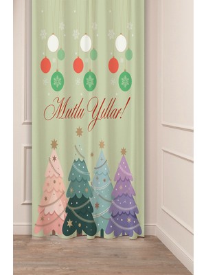 Greendecor Yılbaşı Çam Ağacı Noel Ağacı Kar Yeni Yıl Christmas Desenli Özel Tasarımlı Dijital Baskılı Fon Perde