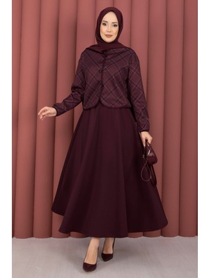 Ums Ekose Croplu Ceket Etek Takım Bordo