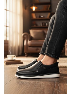 Enoch Hakiki Deri Siyah Ortopedik Bağcıksız Lastik Detaylı Erkek Klasik Baba Ayakkabı