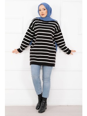 RAF Çizgili Oversize Triko Kazak Siyah