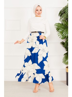 ZMR Çiçek Desenli Etek İndigo