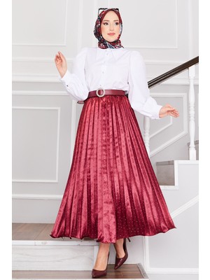 Md Saten Serpme Taşlı Piliseli Etek Bordo