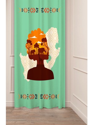 Greendecor Etnik Afrika Antika Doğa Fil Zürafa Desenli Bohem Özel Tasarım Dijital Baskılı (Tek Kanat) Fon Perde