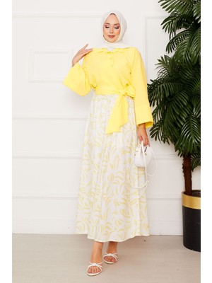Asm Gömleği Kendinden Kuşaklı Geniş Kol Etekli Takım Sarı