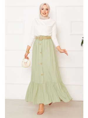 ZMR Beli Lastikli Düğme Detaylı Tesettür Etek Su Yeşili