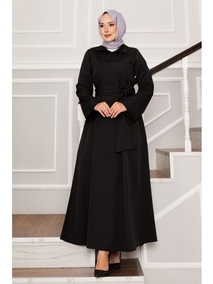 EFL Seyyar Kuşaklı Gömlek Yakalı Elbise Siyah