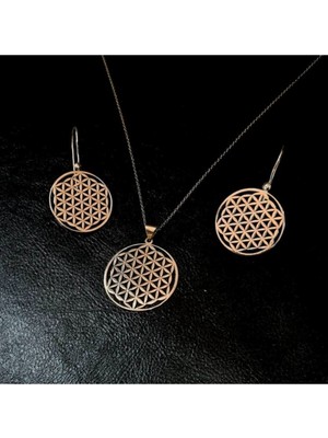 Kadın 925 Ayar Gümüş Yaşam Çiçeği Rose Kolye ve Küpe Seti