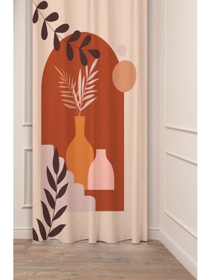 Greendecor Yaprak Vazo Bohem Minimalist Bej Krem Desenli Özel Tasarım Dijital Baskılı (Tek Kanat) Şık Fon Perde