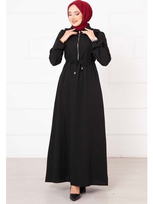 Asm Yarım Fermuarlı Fırfır Detaylı Tesettür   Elbise Siyah