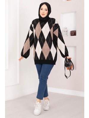 RAF Baklava Desen Oversize Triko Kazak Siyah