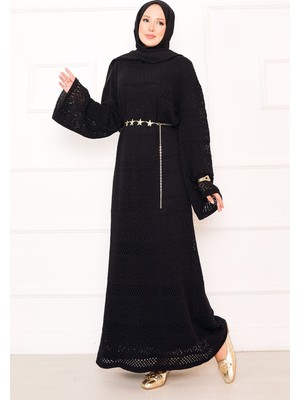 Krd Baklava Desen Ajurlu Triko Elbise Siyah