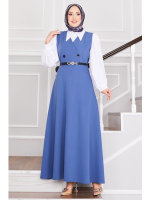 Md Düğme Detaylı Kemerli Tesettür Jile İndigo