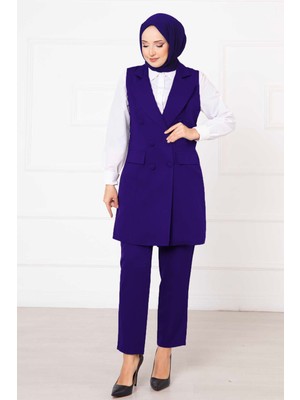 HP Mendil Yaka Uzun Yelek Takım Saks