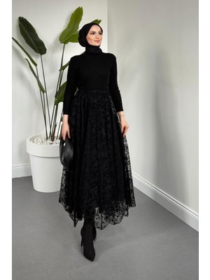 Merven Akyüz Noccta Asimetrik Kesim Dantel Etek Siyah