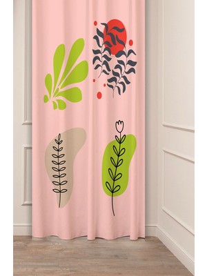 Greendecor Bohem Çiçek Yaprak Pembe Desenli Özel Tasarım Dijital Baskılı (Tek Kanat) Modern Şık Fon Perde