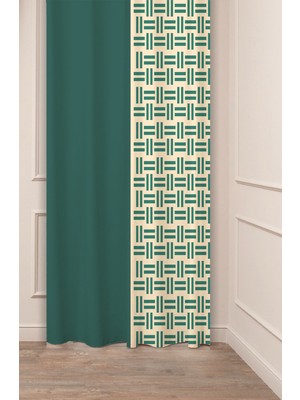 Greendecor Geometrik Çizgi Sade Soft Kare Desenli Özel Tasarım Dijital Baskılı (Tek Kanat) Yeşil Bej Fon Perde