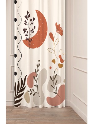 Greendecor Çiçekli Bohem Minimalist Yaprak Krem Bej Desenli Özel Tasarım Dijital Baskılı (Tek Kanat) Fon Perde