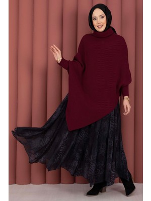 Mo Balıkçı Yaka Asimetrik Triko Kazak Bordo