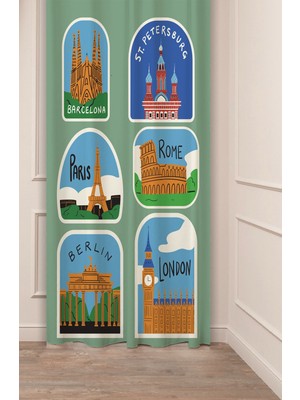 Greendecor Barcelona Paris London St. Pertersburg Rome Berlin Tasarımlı Dijital Baskılı (Tek Kanat) Fon Perde