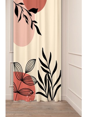 Greendecor Yaprak Grafik Bohem Minimalist Bej Krem Desenli Özel Tasarım Dijital Baskılı (Tek Kanat) Fon Perde