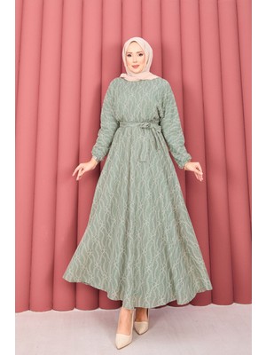 Md Dantel Dokulu Seyyar Kuşaklı Tesettür Elbise Mint