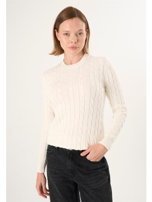 Felix Hardy Kadın V Yaka Saç Örgü Triko Kazak - Ekru