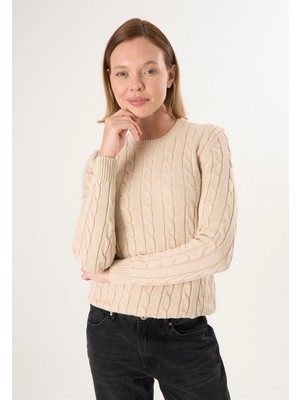 Felix Hardy Kadın V Yaka Saç Örgü Triko Kazak - Bej