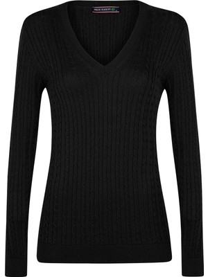 Felix Hardy Kadın V Yaka Saç Örgü Triko Kazak - Siyah