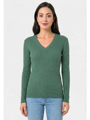 Felix Hardy Kadın V Yaka Saç Örgü Triko Kazak - Yeşil