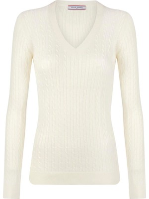 Felix Hardy Kadın V Yaka Saç Örgü Triko Kazak - Ekru