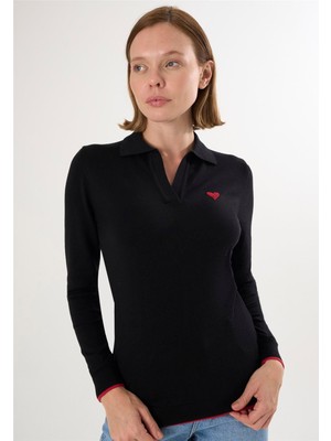 Felix Hardy Kadın Polo Yaka Triko Kazak - Siyah