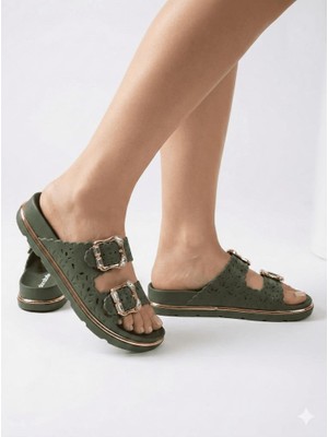 Akınalbella Kadın Taşlı Tokalı ve Altın Şeritli Rahat Taban Günlük Terlik