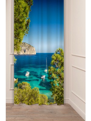 Greendecor Deniz Orman Su Plaj Kaya Beyaz Gemi Manzara Özel Tasarım Dijital Baskılı (Tek Kanat) Şık Fon Perde