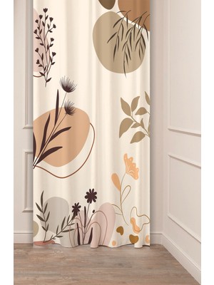 Greendecor Çiçekli Bohem Minimalist Yaprak Krem Bej Desenli Özel Tasarım Dijital Baskılı (Tek Kanat) Fon Perde