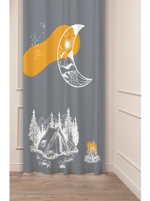 Greendecor Kamp Ay Doğa Dağ Güneş Çam Ağacı Pastel Bohem Özel Tasarım Dijital Baskılı (Tek Kanat) Şık Fon Perde