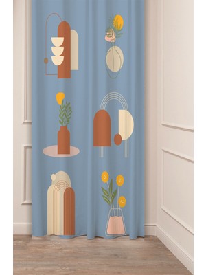 Greendecor Vazo Çiçekler Yaprak Pastel Bohem Özel Tasarım Dijital Baskılı (Tek Kanat) Bej Krem Şık Fon Perde