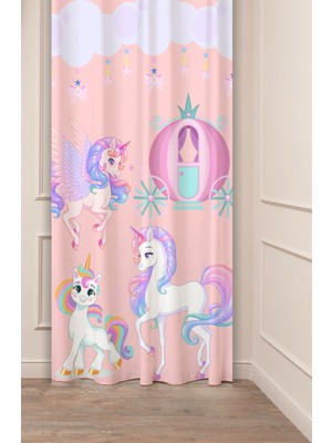 Greendecor Unicorn Pembe Çiçek Yaprak Çocuk Odası Desenli Özel Tasarım Dijital Baskılı (Tek Kanat) Fon Perde
