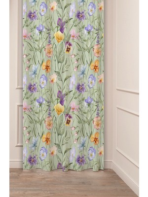 Greendecor Çiçekler Yaprak Papatya Pastel Bohem Özel Tasarım Dijital Baskılı (Tek Kanat) Bej Krem Şık Fon Perde