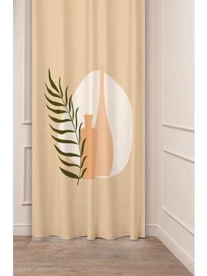 Greendecor Yaprak Vazo Bohem Minimalist Bej Krem Desenli Özel Tasarım Dijital Baskılı (Tek Kanat) Şık Fon Perde