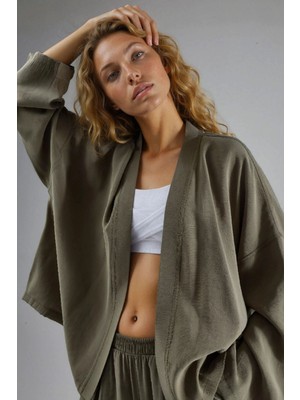 Hiccup Kadın Busem Uzun Kollu Rahat Kesim Kimono Haki Yeşil