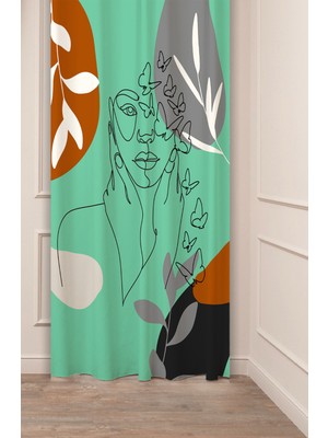 Greendecor Bohem Yaprak Yüz Silüet Renkli Desenli Özel Tasarım Dijital Baskılı (Tek Kanat) Şık Modern Fon Perde