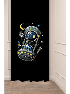 Greendecor Uzay Astronot Kum Saat Ay Gezegen Bohem Deseneli Özel Tasarım Dijital Baskılı (Tek Kanat) Fon Perde