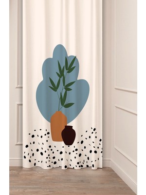 Greendecor Yaprak Vazo Bohem Minimalist Bej Krem Desenli Özel Tasarım Dijital Baskılı (Tek Kanat) Şık Fon Perde