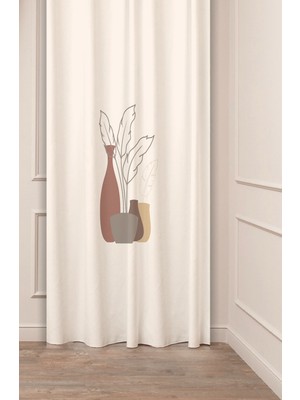 Greendecor Yaprak Vazo Bohem Minimalist Bej Krem Desenli Özel Tasarım Dijital Baskılı (Tek Kanat) Şık Fon Perde