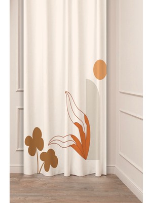 Greendecor Yaprak Vazo Bohem Minimalist Bej Krem Desenli Özel Tasarım Dijital Baskılı (Tek Kanat) Şık Fon Perde