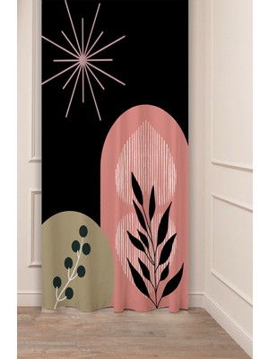 Greendecor Yaprak Grafik Bohem Minimalist Bej Krem Desenli Özel Tasarım Dijital Baskılı (Tek Kanat) Fon Perde