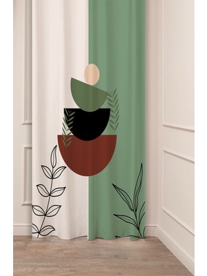 Greendecor Yaprak Grafik Bohem Minimalist Bej Krem Desenli Özel Tasarım Dijital Baskılı (Tek Kanat) Fon Perde