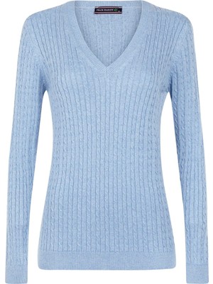 Felix Hardy Kadın V Yaka Saç Örgü Triko Kazak - Mavi