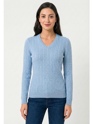 Felix Hardy Kadın V Yaka Saç Örgü Triko Kazak - Mavi