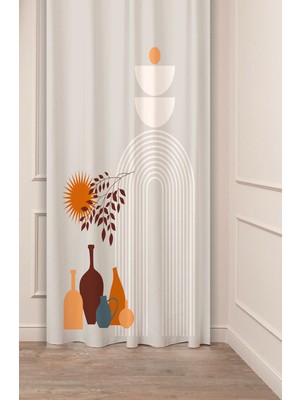 Greendecor Vazo Çiçekler Yaprak Pastel Bohem Özel Tasarım Dijital Baskılı (Tek Kanat) Bej Krem Şık Fon Perde